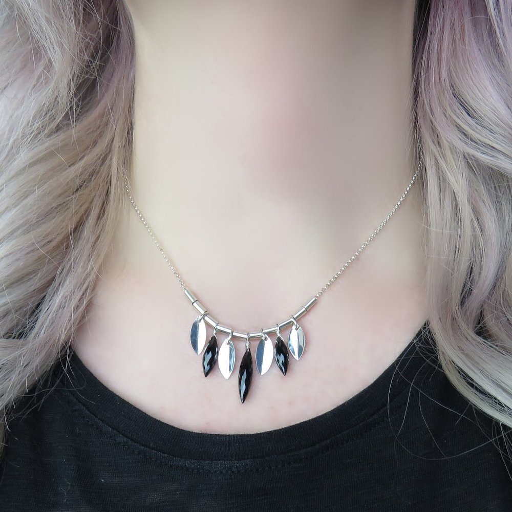 Black Spinel and Silver Leaf Statement Collar Necklace - Short Choker Length